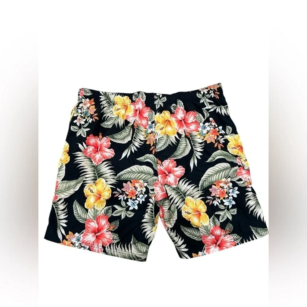 Black floral Hawaiian print swim trunks